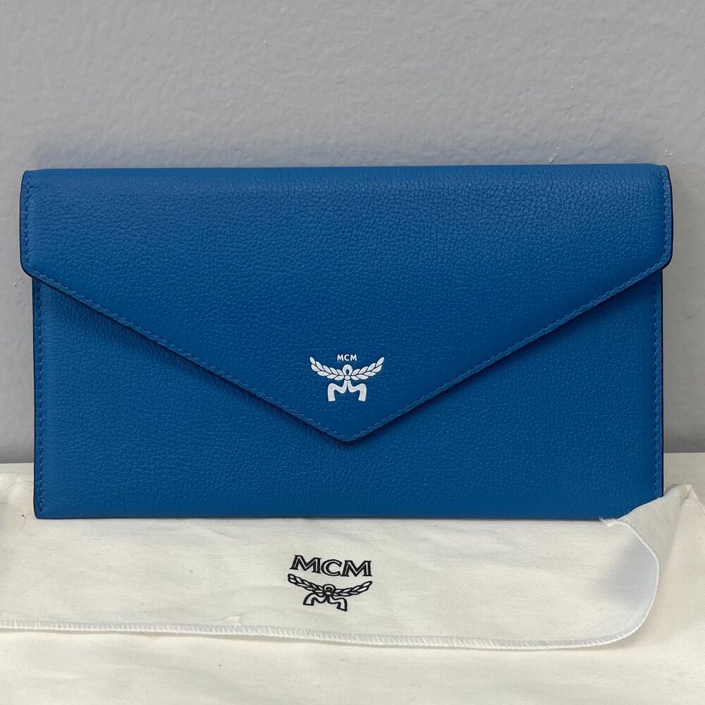 MCM Himmel Continental Pouch Wallet in Embossed Leather - New Munich Blue - NWT - Picture 1 of 8